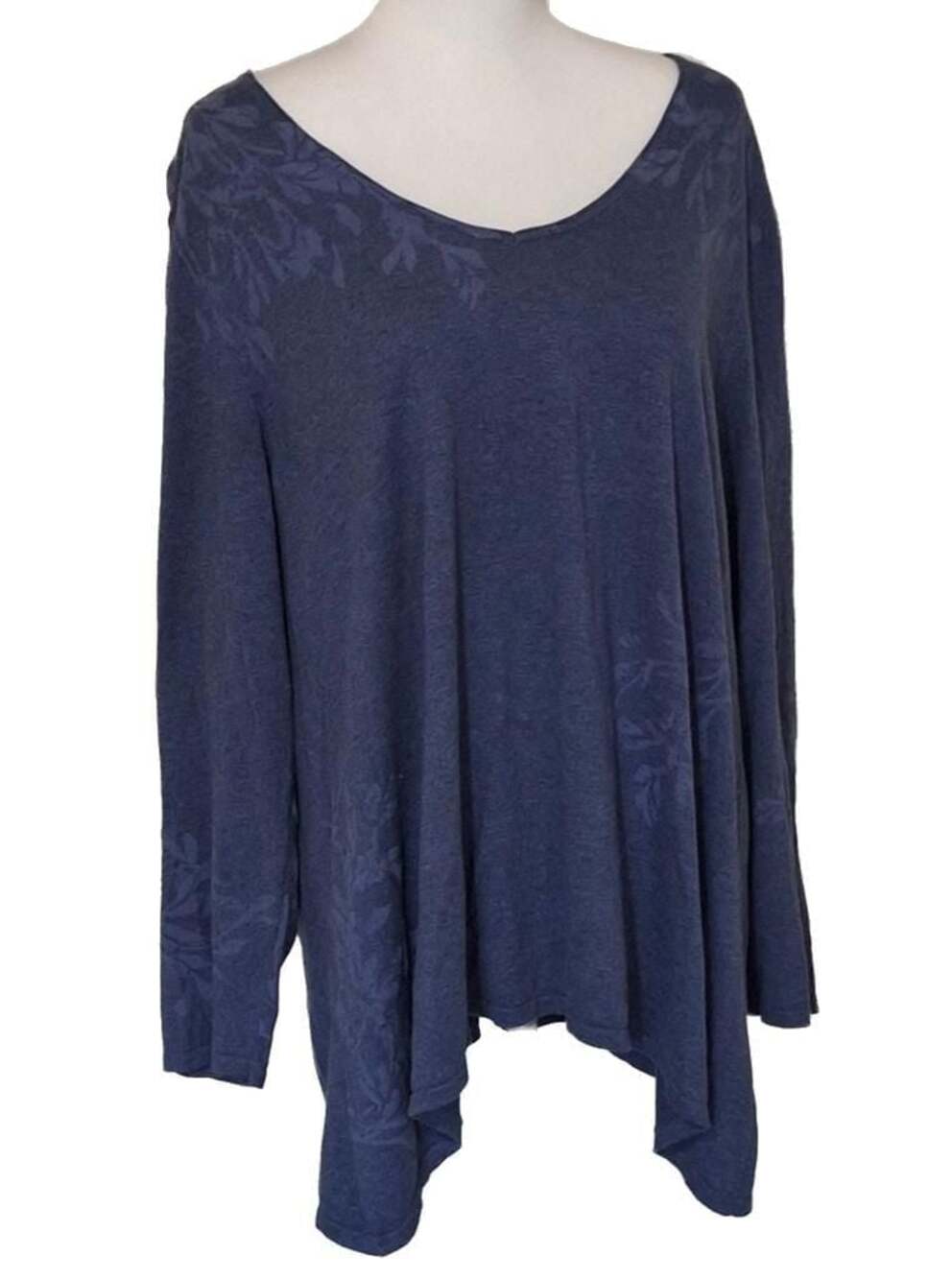 Lagenlook Cotton Silk, Blue floral, Asymmetric tunic,V neck, Cozy girl, XL